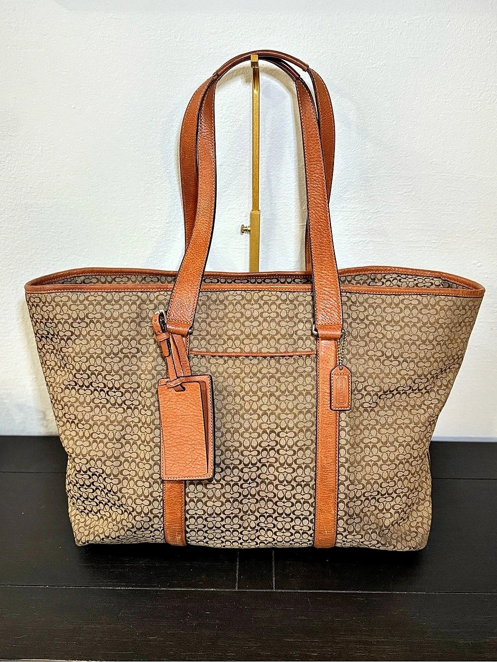 Coach F77012 Signature C XL Tote Weekender Travel Bag Brown Tan Leather